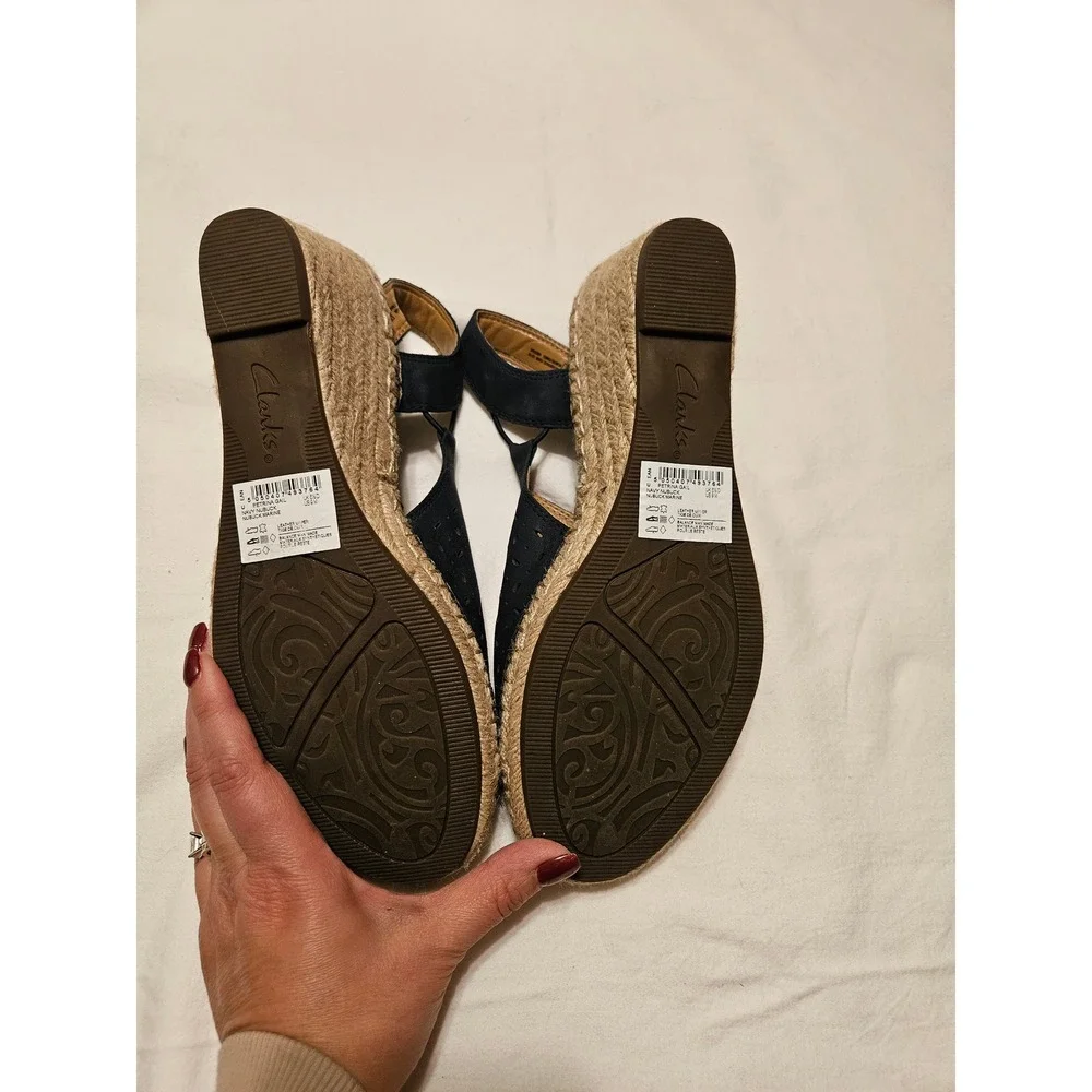 Clarks Women's Navy‎ Blue Suede Perforated Espadrille Wedge Sandals Slingback 9M